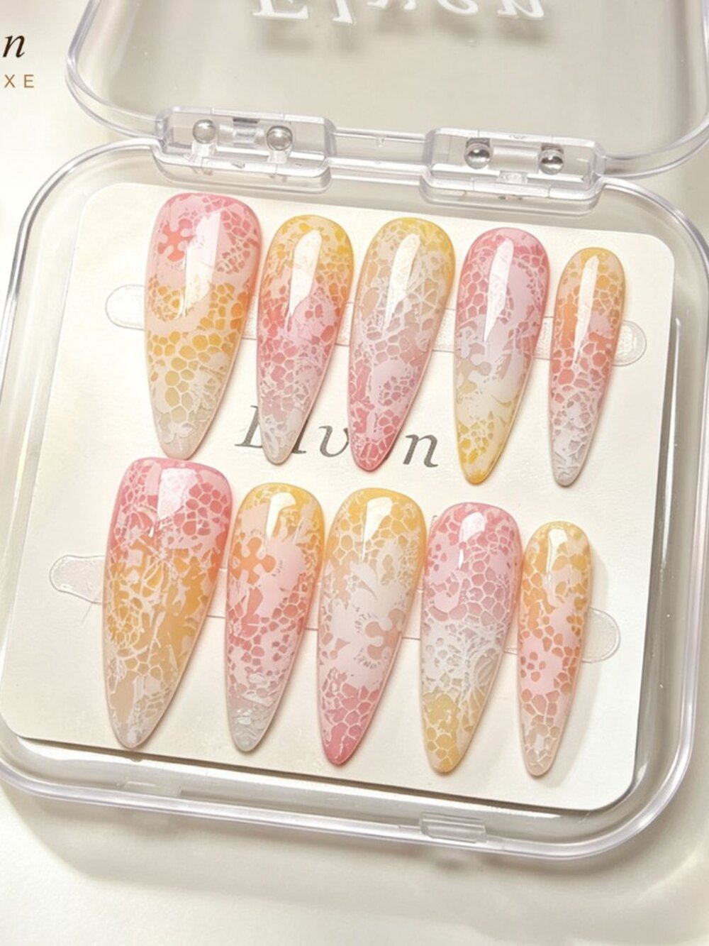 Spring Pastel Long Stiletto Press On Nails | Pink Orange Gradient Lace Honeycomb